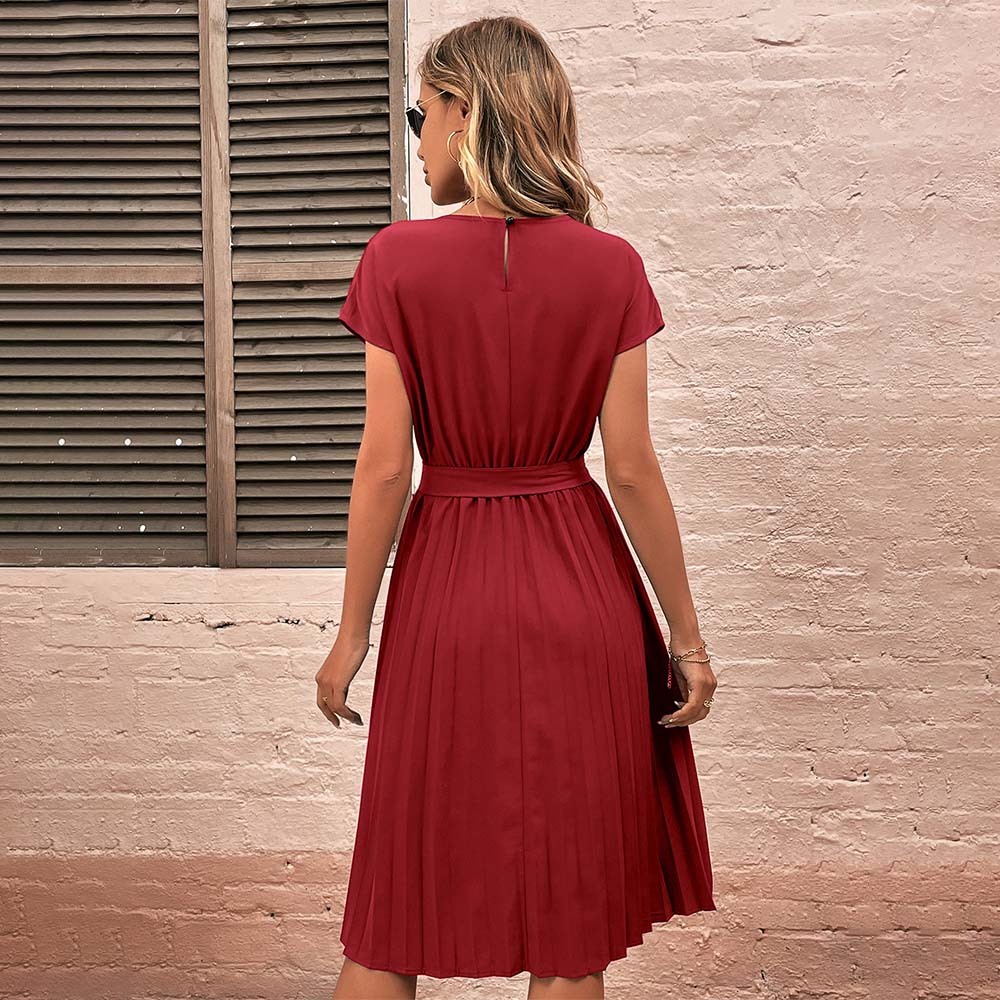 Women's Summer Solid Color Pleated Lace-Up Resort Dress