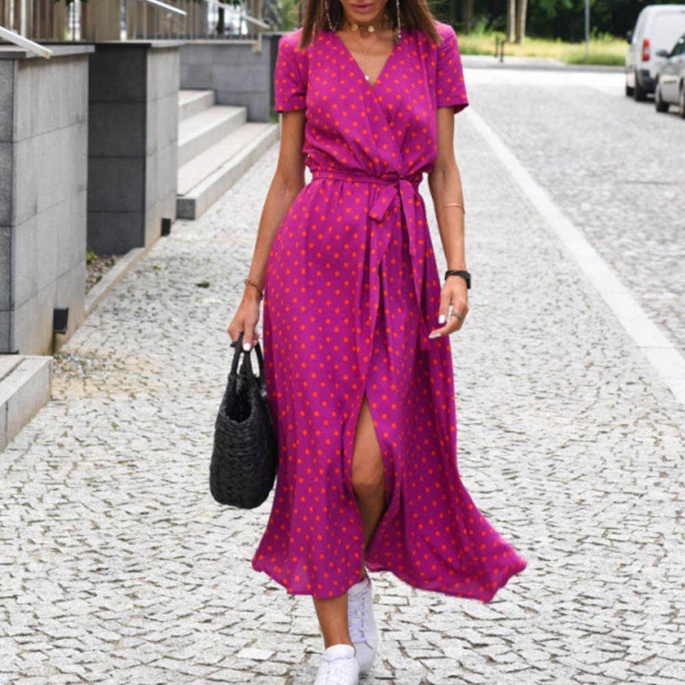 Summer bohemian style tie-front V-neck printed slit dress