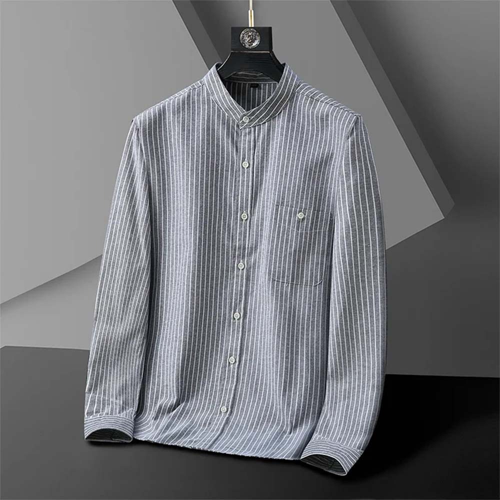 Camisa casual de manga larga a rayas con cuello levantado y talla grande para hombre