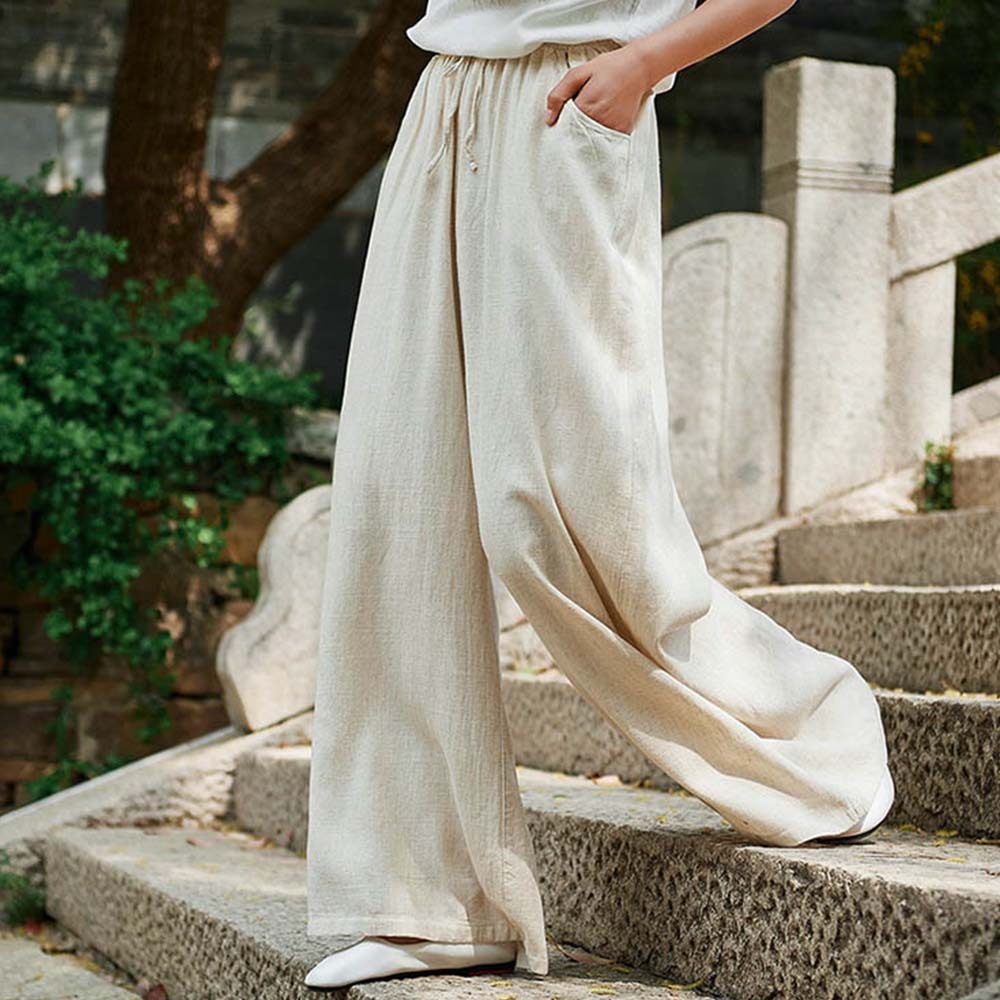 2024 Spring and summer women's retro linen wide-leg pants