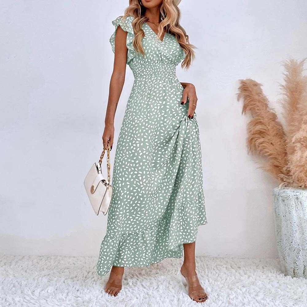 Women's Elegant V-Neck Ruffled Waist Dress