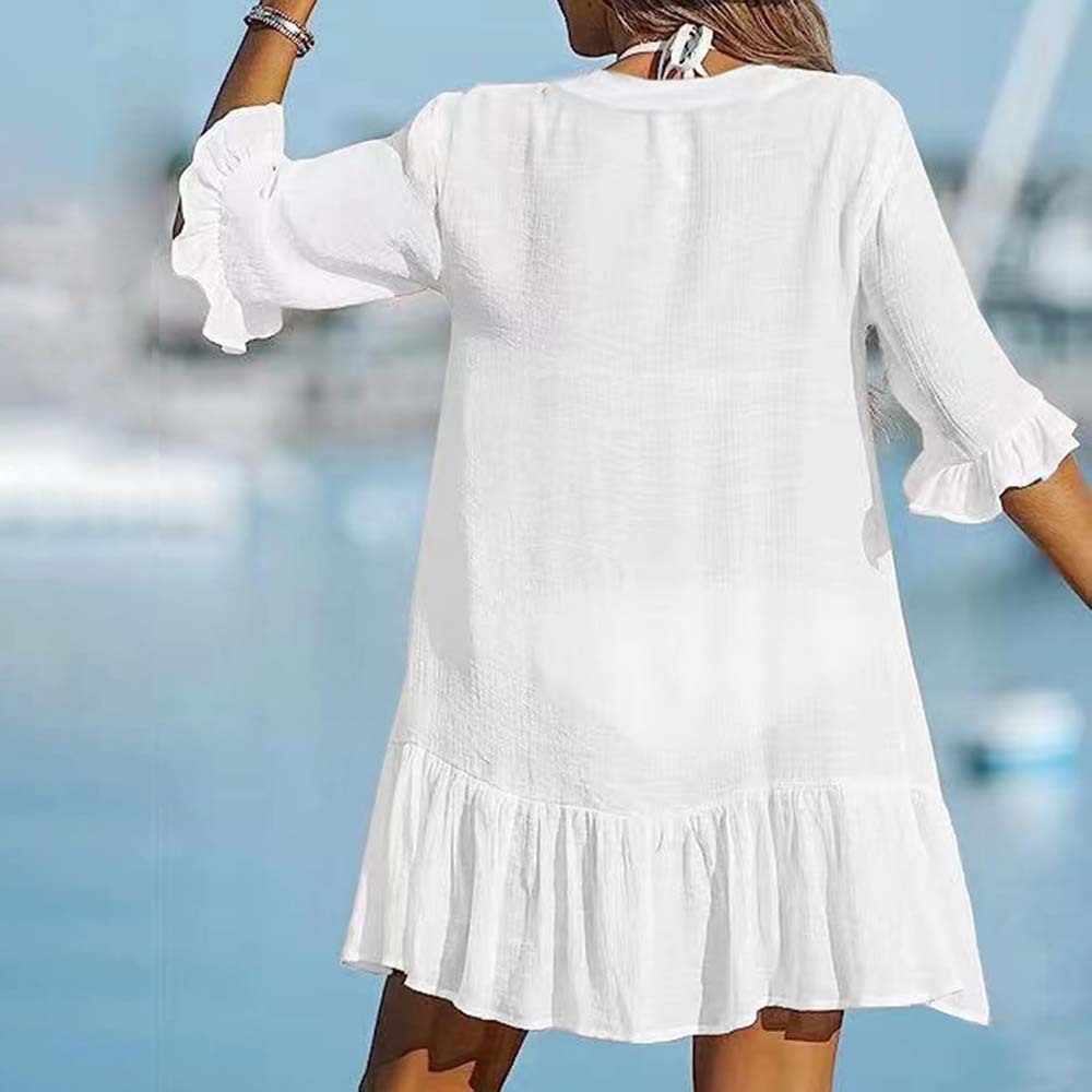 Vestido de playa con cuello en V y volantes de verano para mujer