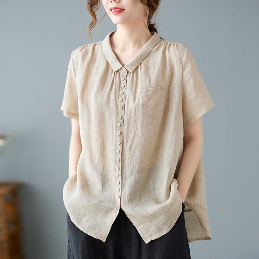 Women's loose large size cotton and linen short sleeve shirt