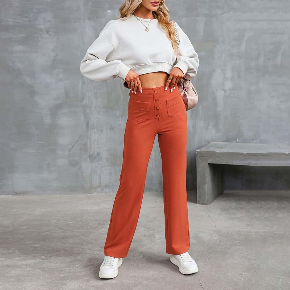 Pantalones casuales elásticos con botones de cintura alta para mujer