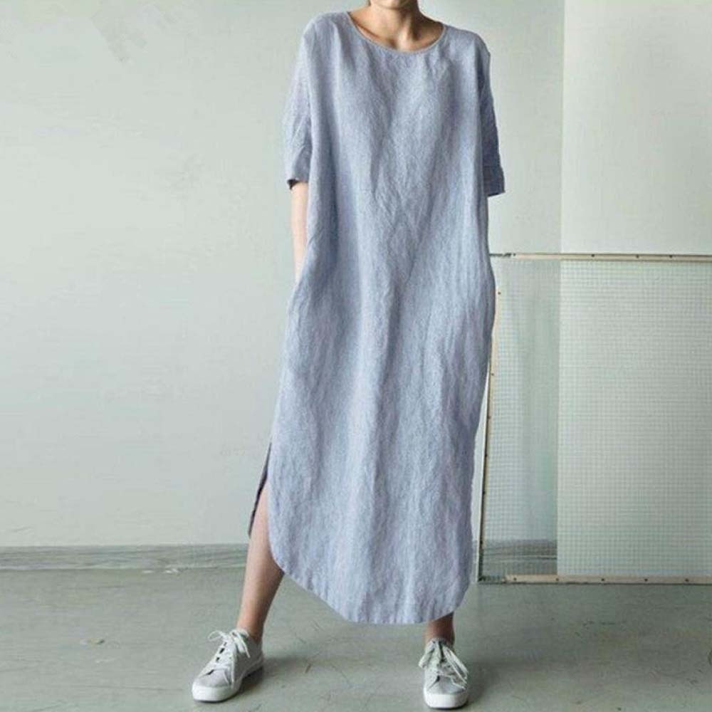 Women's fashionable side slit round neck cotton and linen dress