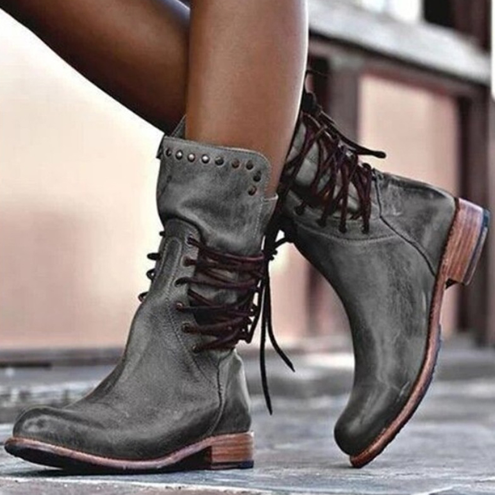 Olivoslindo Nuevo Botas de media piel con cremallera trasera de color liso para mujer