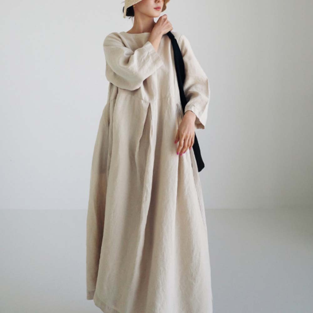 Spring and autumn casual loose round neck cotton and linen dress