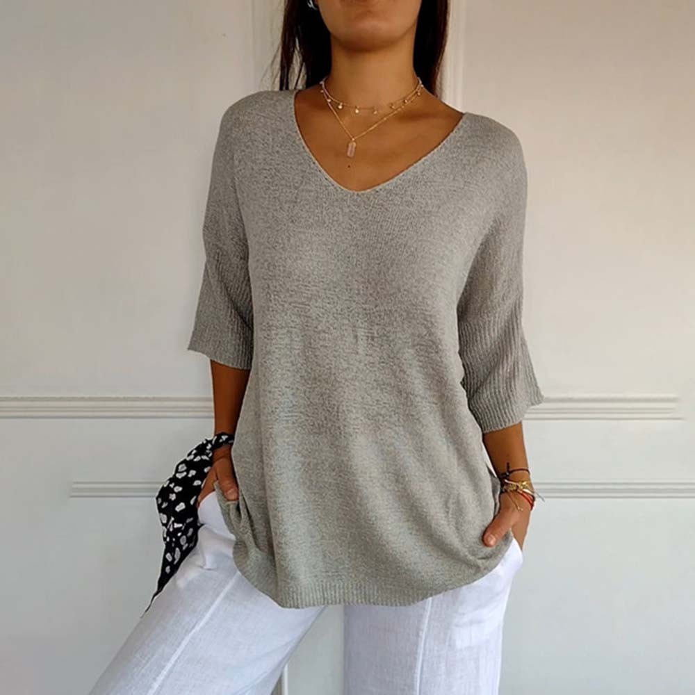 Top de punto de color liso con cuello en V para mujer