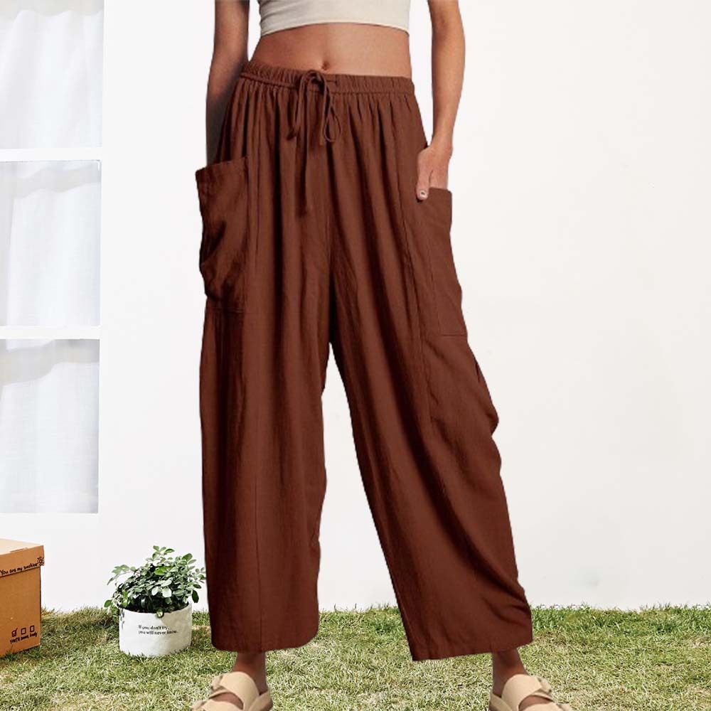 Pantalones casuales de algodón y lino con pierna ancha y cintura alta