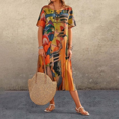 Vestido midi estampado con cuello redondo elegante para mujer