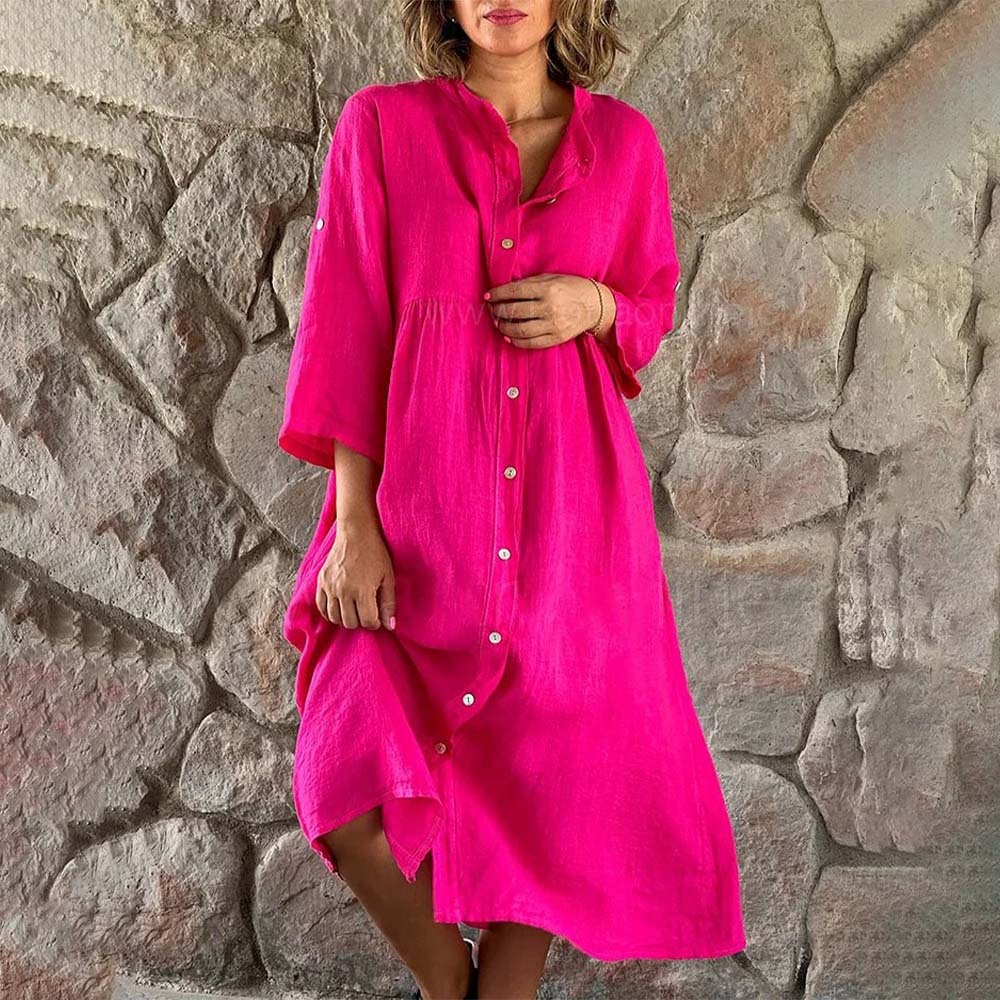 Vestido holgado de verano con cuello alto de algodón y lino