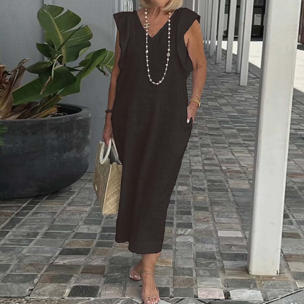 Elegante vestido de algodón y lino con cuello en V y color liso