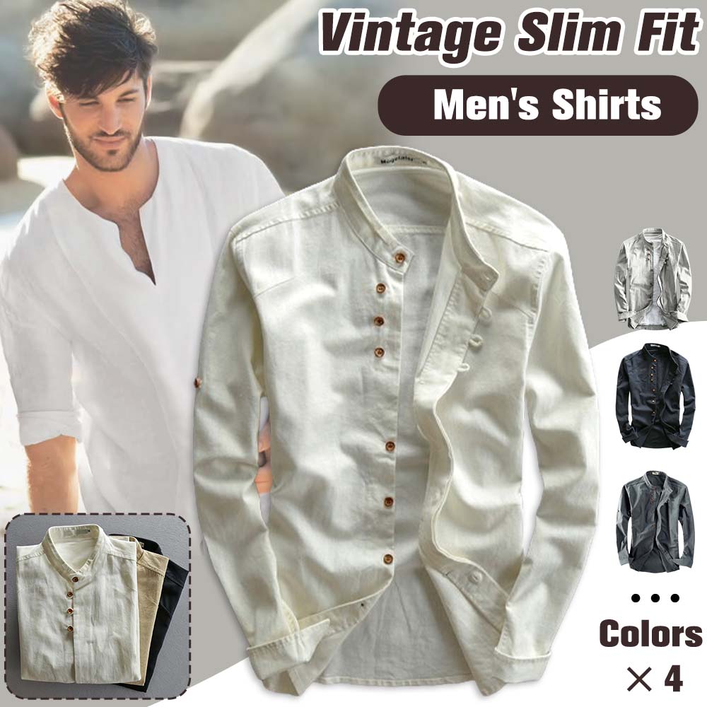 Camisa de color liso con cuello levantado de lino vintage para hombre
