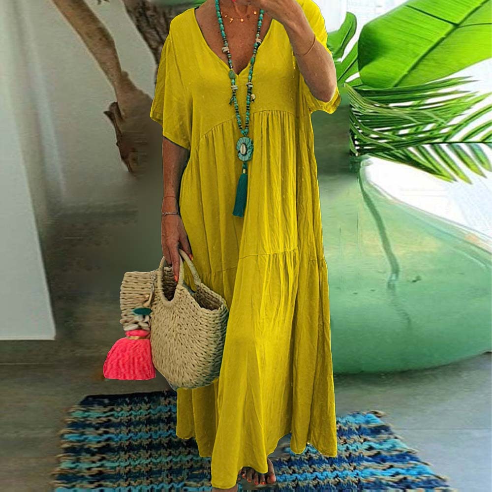 Women's breathable V-neck cotton and linen long skirt casual beach dress