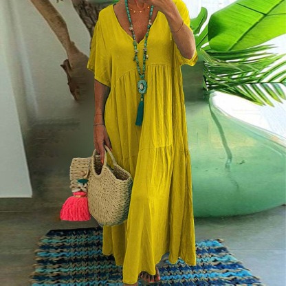 Women's breathable V-neck cotton and linen long skirt casual beach dress