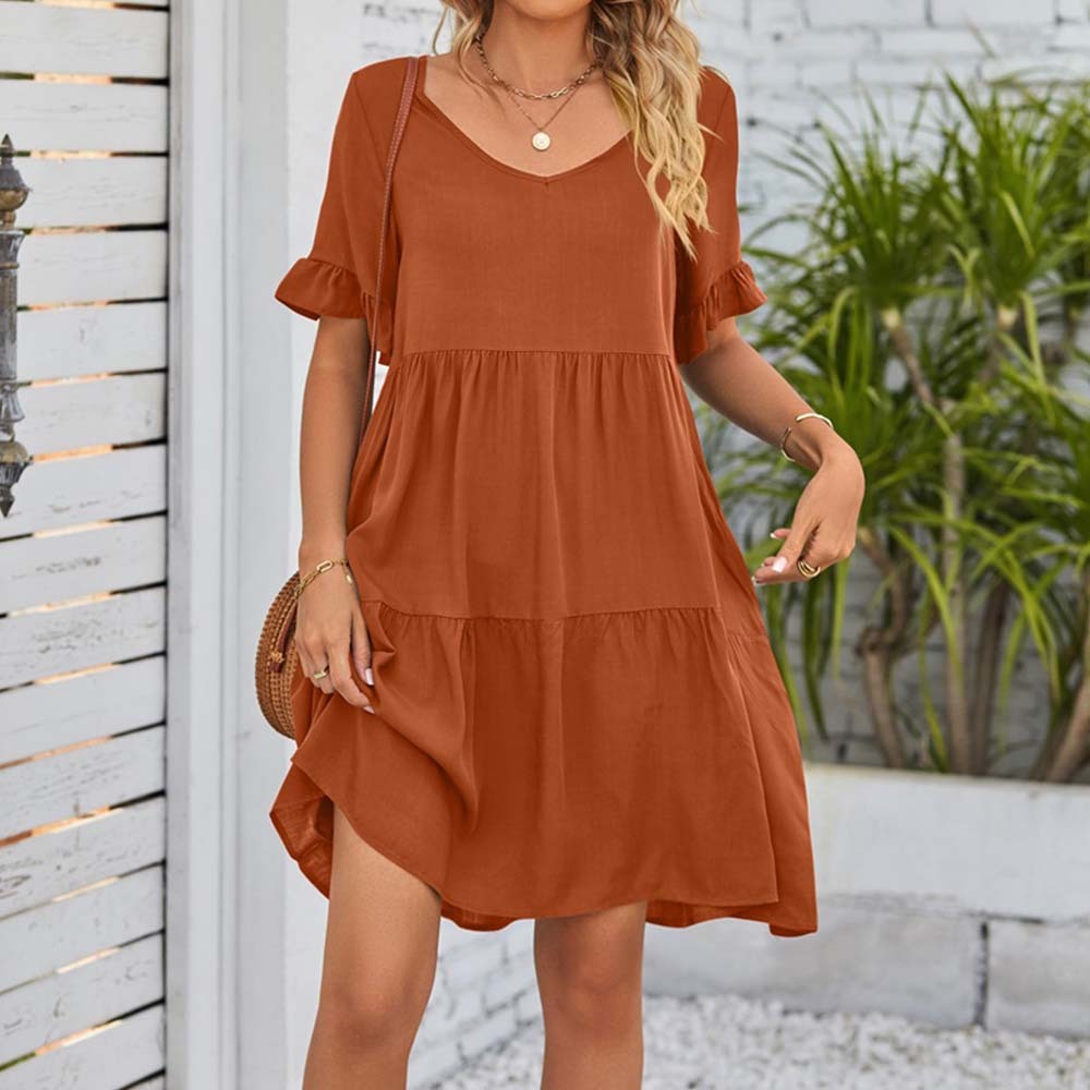 Summer casual V-neck ruffle loose dress beach dress