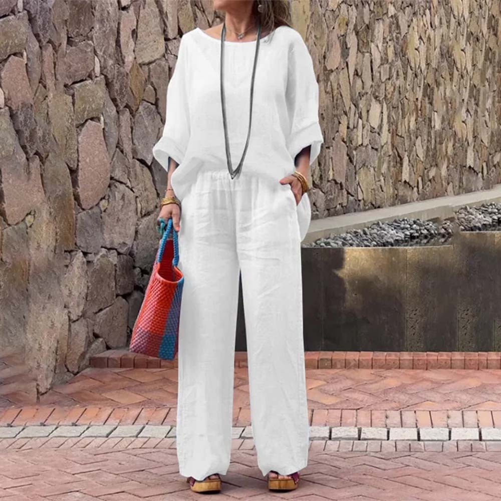 Conjunto de dos piezas degradado de algodón y lino para mujer a la moda