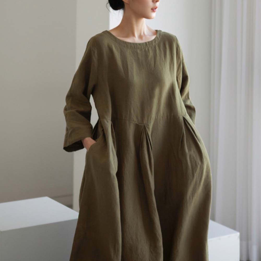Spring and autumn casual loose round neck cotton and linen dress