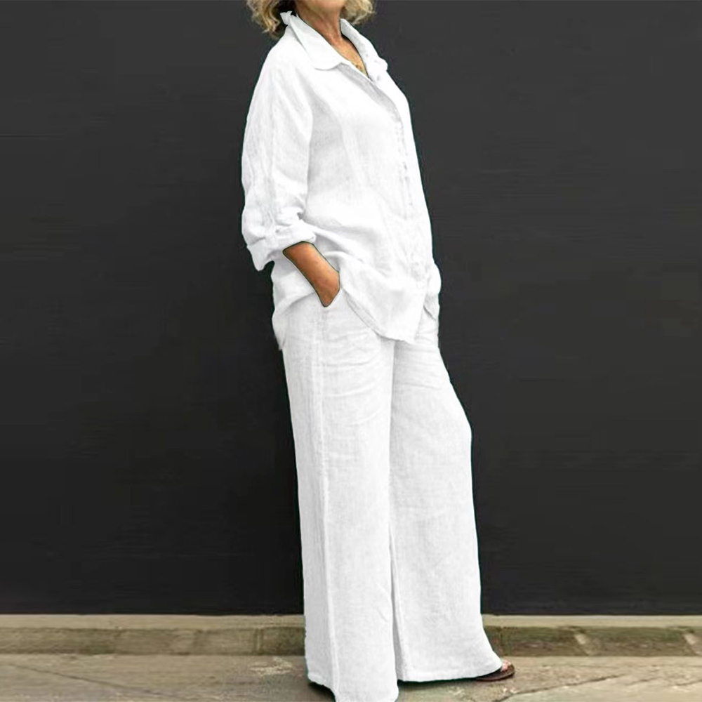 Women's casual cotton 2-piece set (long-sleeved shirt + wide-leg trousers)