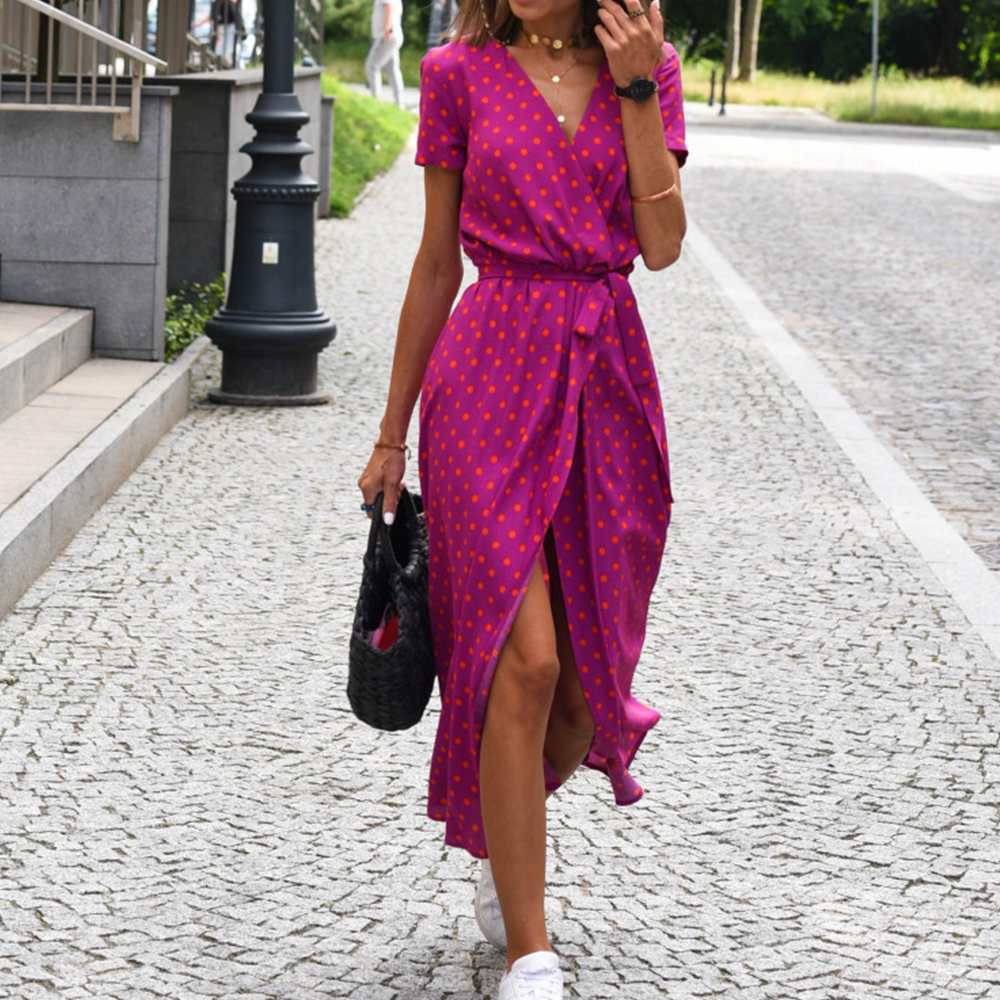 Summer bohemian style tie-front V-neck printed slit dress