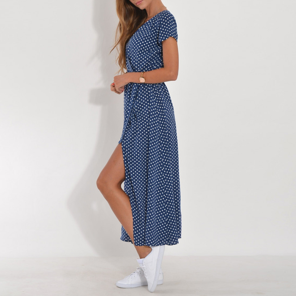 Summer bohemian style tie-front V-neck printed slit dress