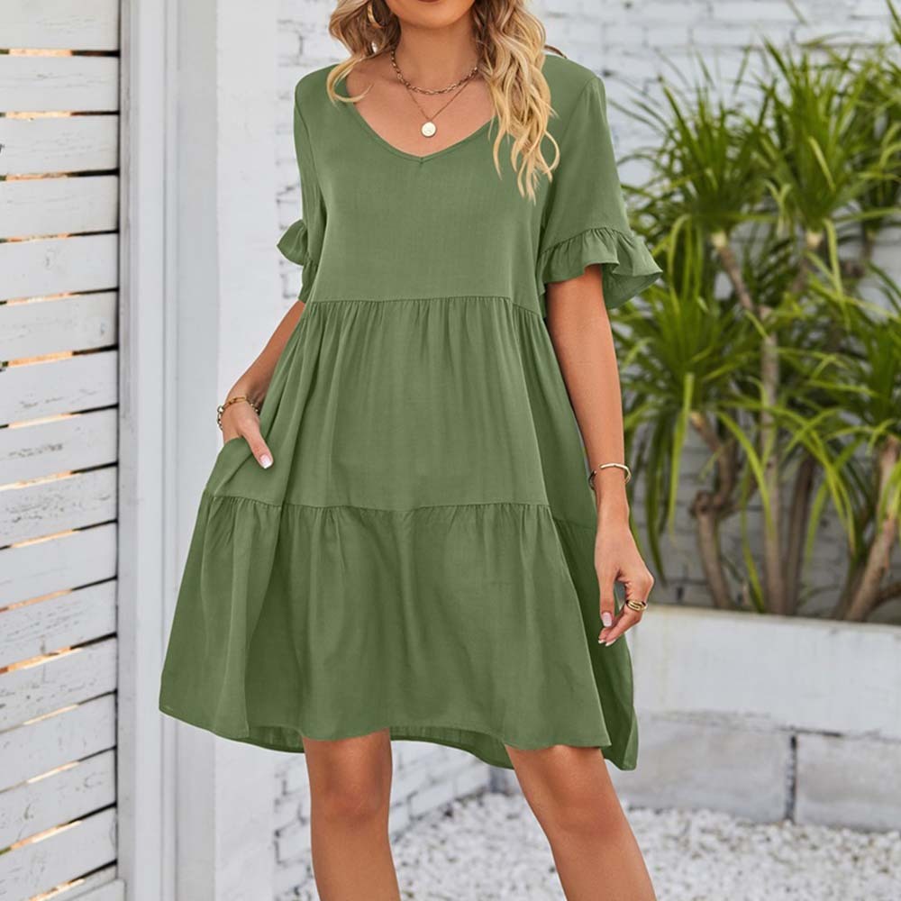 Summer casual V-neck ruffle loose dress beach dress