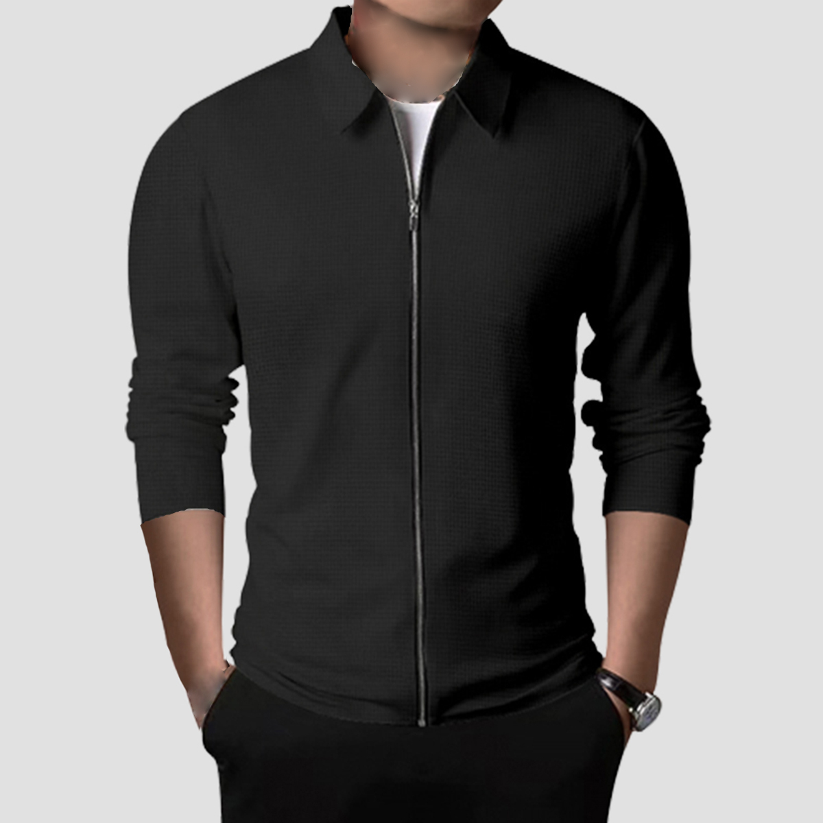 Olivoslindo Nueva chaqueta informal con solapa y cremallera tipo gofre para hombre