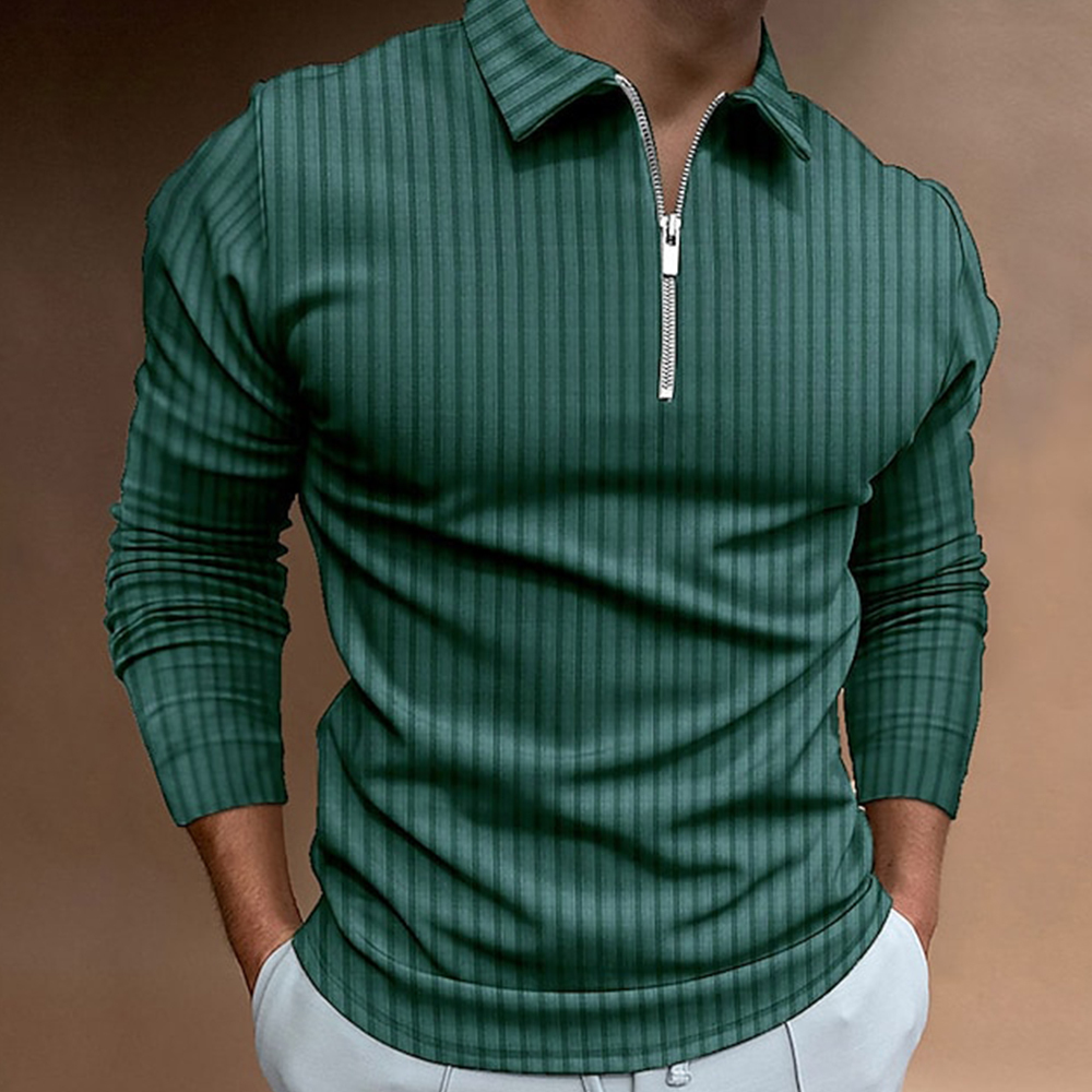 Olivoslindo Polo de manga larga a rayas vintage con cremallera de moda para hombre de primavera