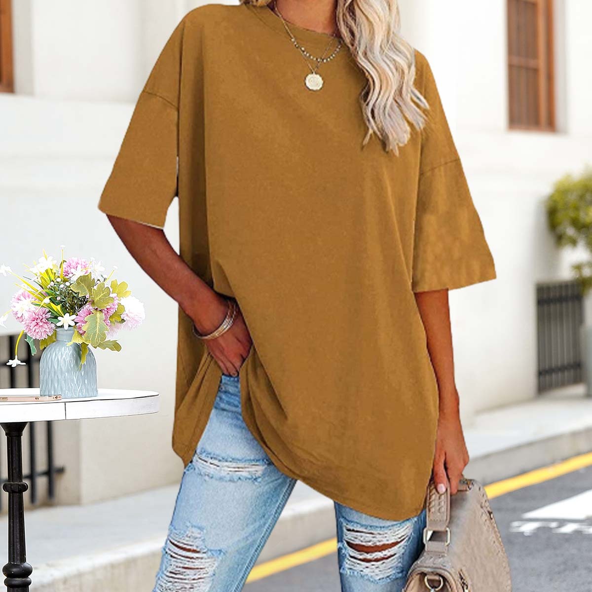 Olivoslindo Sommer Casual Damen Einfarbig Tropfen Schulter Ärmel Rundhals Lose T-Shirt