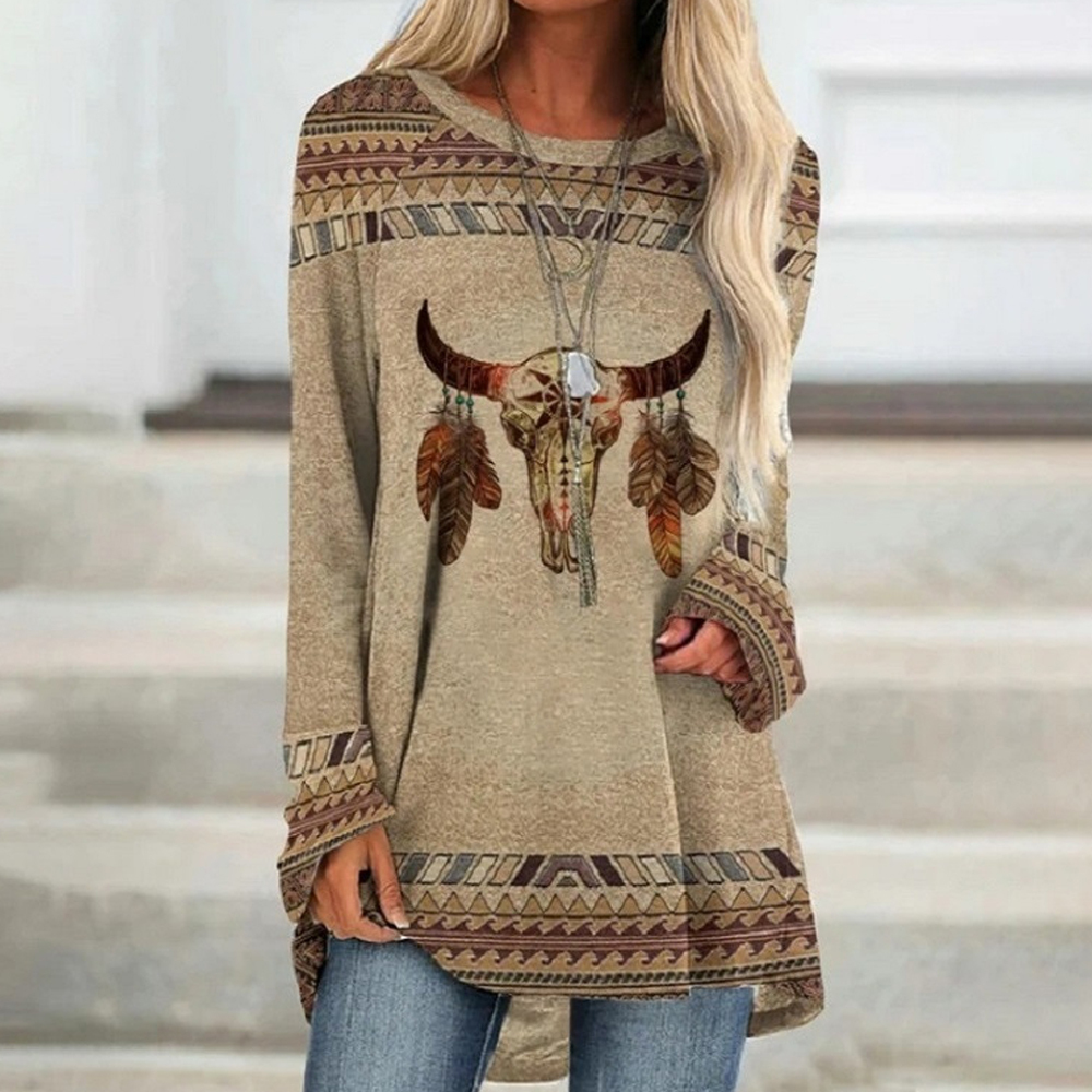 Olivoslindo Camiseta midi étnica de manga larga y cuello redondo