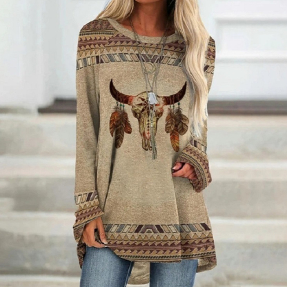 Olivoslindo Camiseta midi étnica de manga larga y cuello redondo