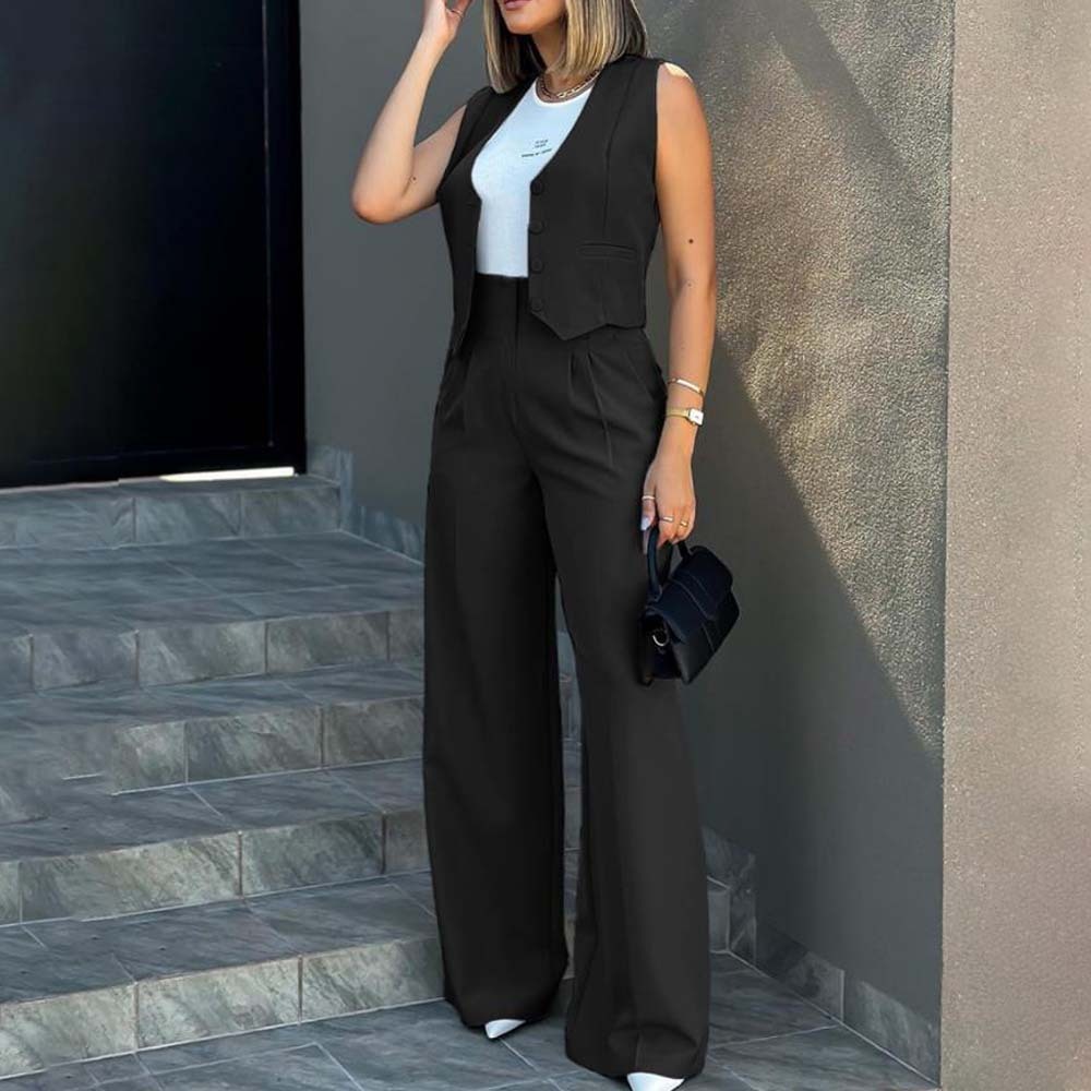 Hojanaranja Traje de moda, chaleco, pantalones de pierna ancha, conjunto informal de 2 piezas