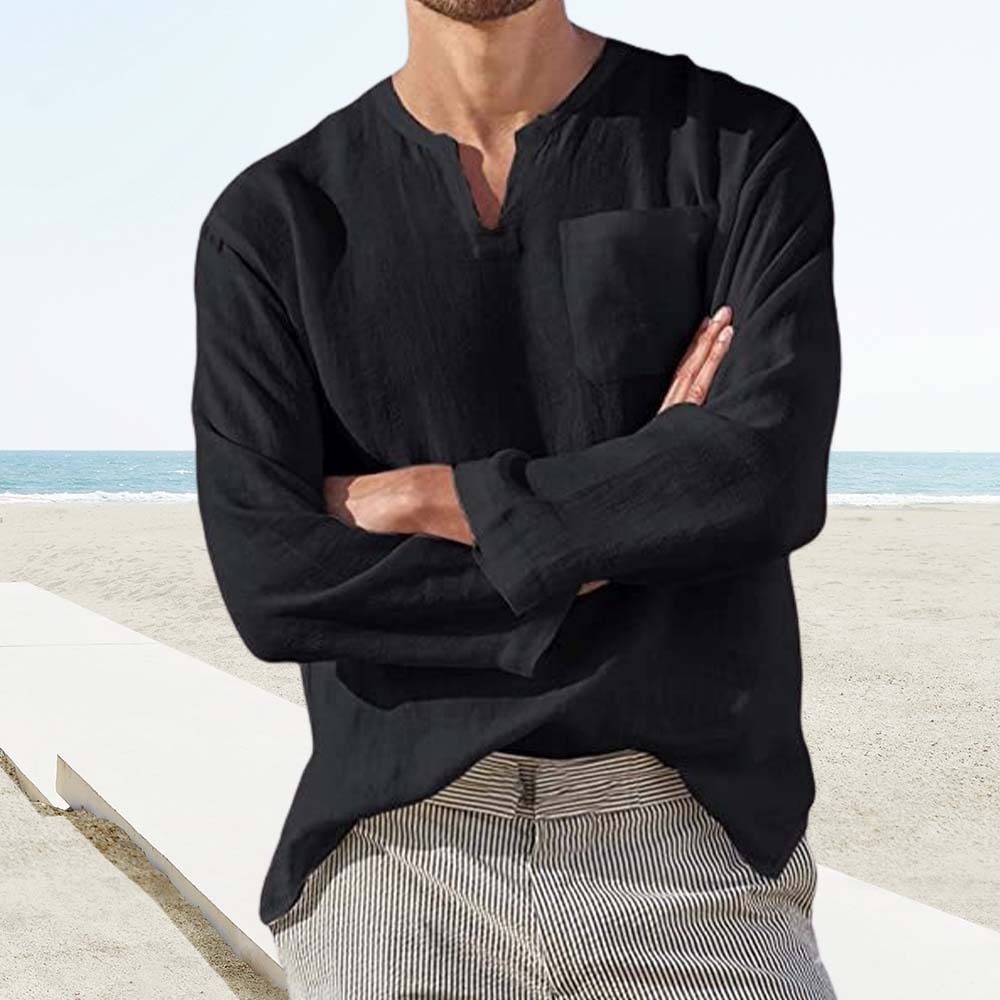 Men's Long Sleeve V Neck Casual Linen Shirt