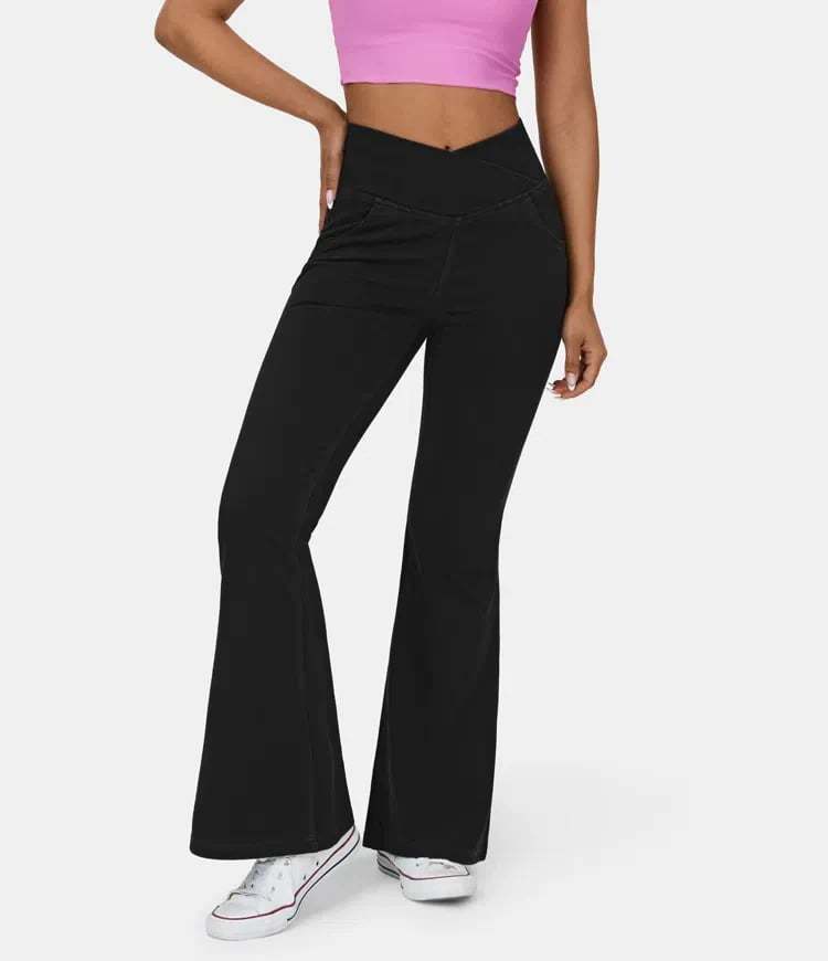 Women's Stretch Denim High Waist Crossover Flare Pants