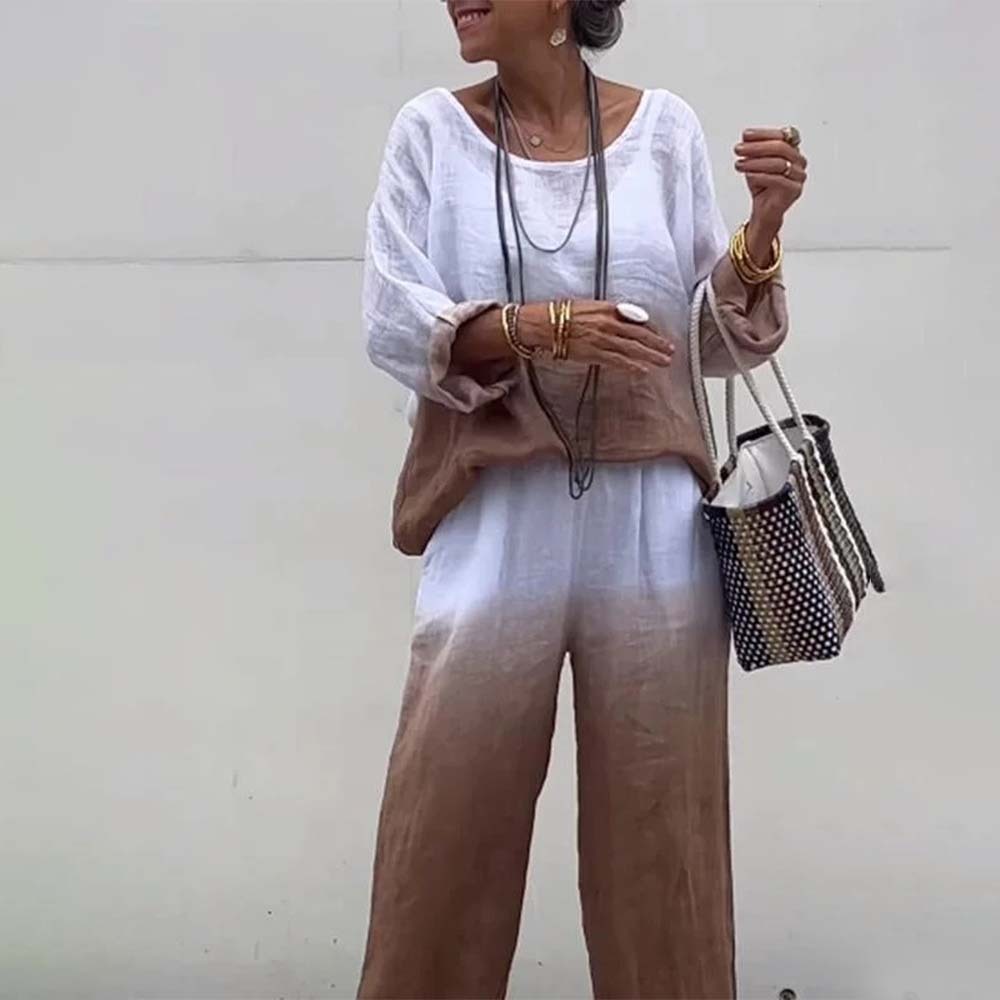 Conjunto de dos piezas degradado de algodón y lino para mujer a la moda