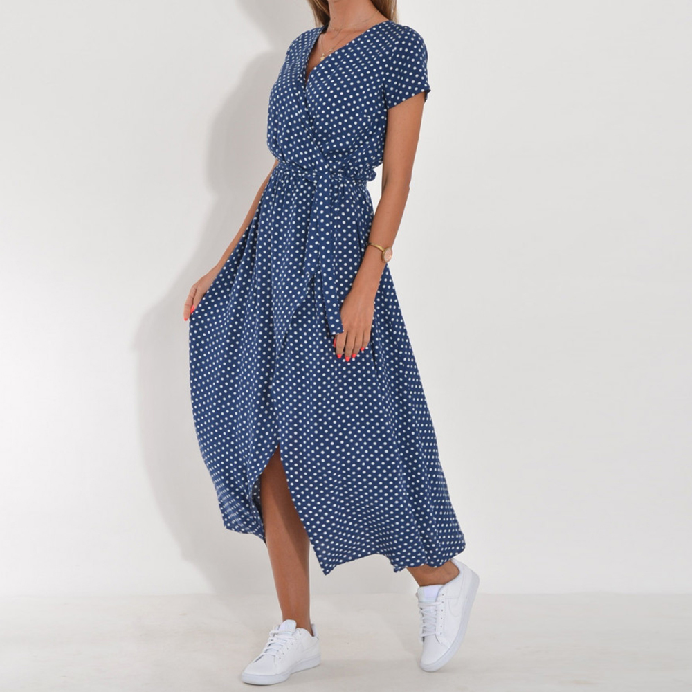 Summer bohemian style tie-front V-neck printed slit dress