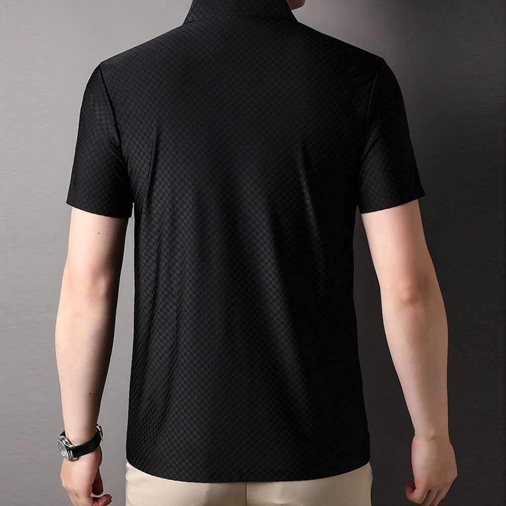 Hojanaranja Polo de manga corta a cuadros elásticos de color liso para hombre