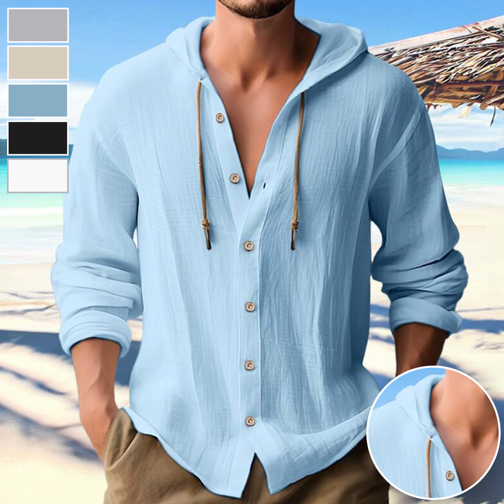 2024 new men's breathable cotton and linen hooded long-sleeved shirt