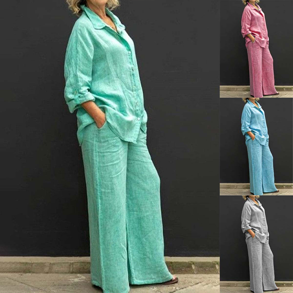 Women's casual cotton 2-piece set (long-sleeved shirt + wide-leg trousers)