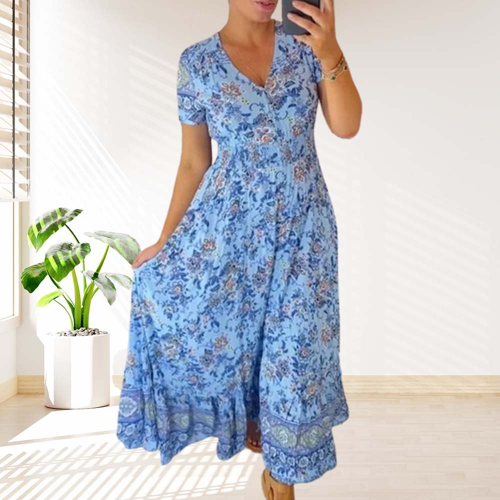 Stylish V-neck floral print dress