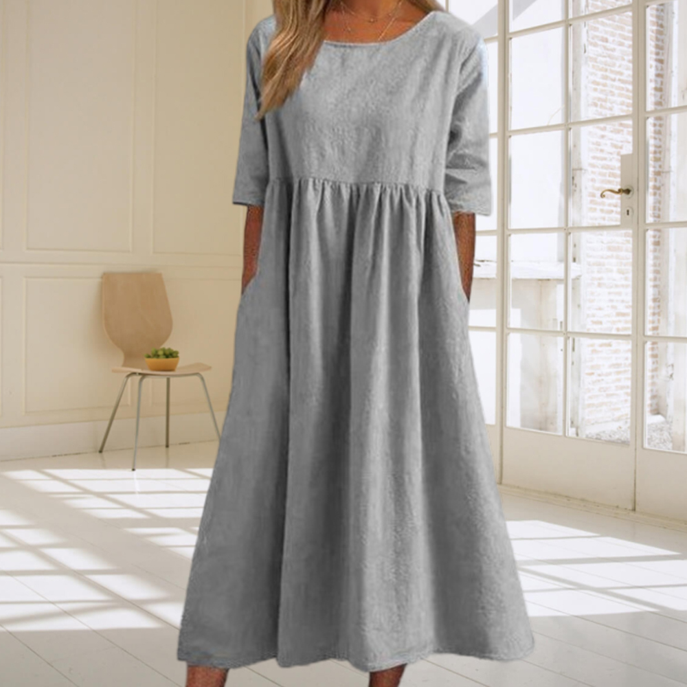 Summer new cotton and linen casual loose round neck dress