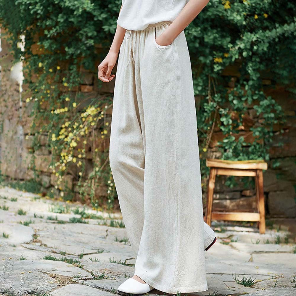 2024 Spring and summer women's retro linen wide-leg pants