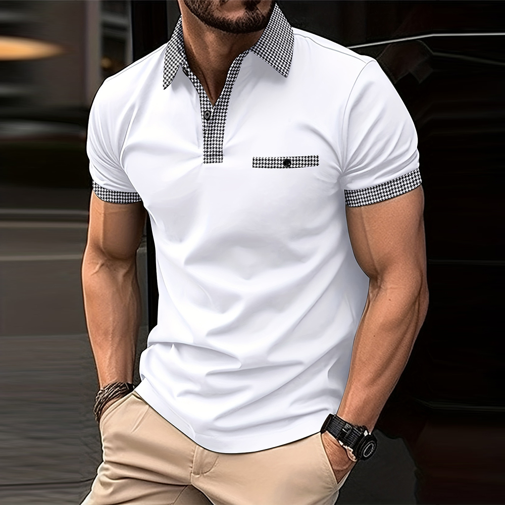 Summer Men's Houndstooth Casual Button Collar Short Sleeve Polo Shirt