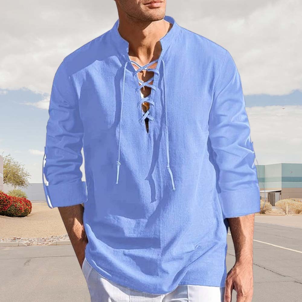 Spring Men's Cotton and Linen Stand Collar Long Sleeve Tie-Up Shirt