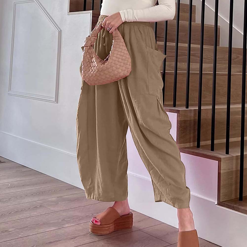 Pantalones casuales de algodón y lino con pierna ancha y cintura alta