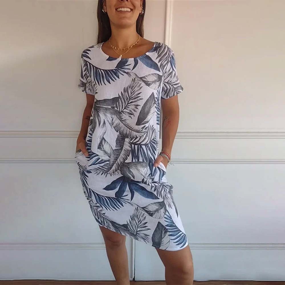 Vestido de mujer con bolsillo estampado, cuello redondo, algodón y lino