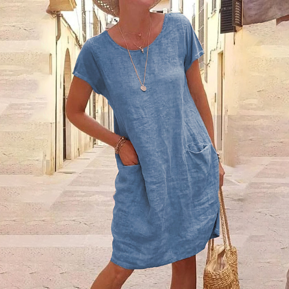 Summer women's round neck short-sleeved cotton and linen dress