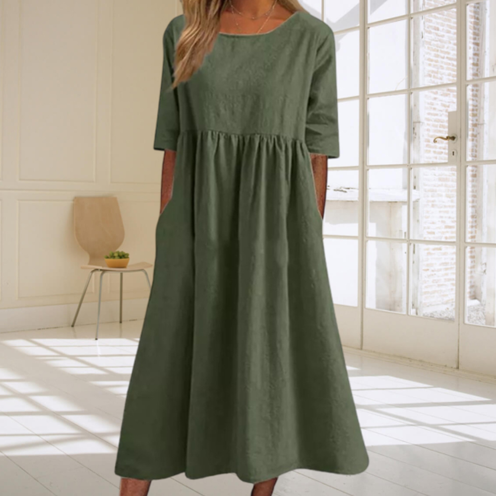 Summer new cotton and linen casual loose round neck dress