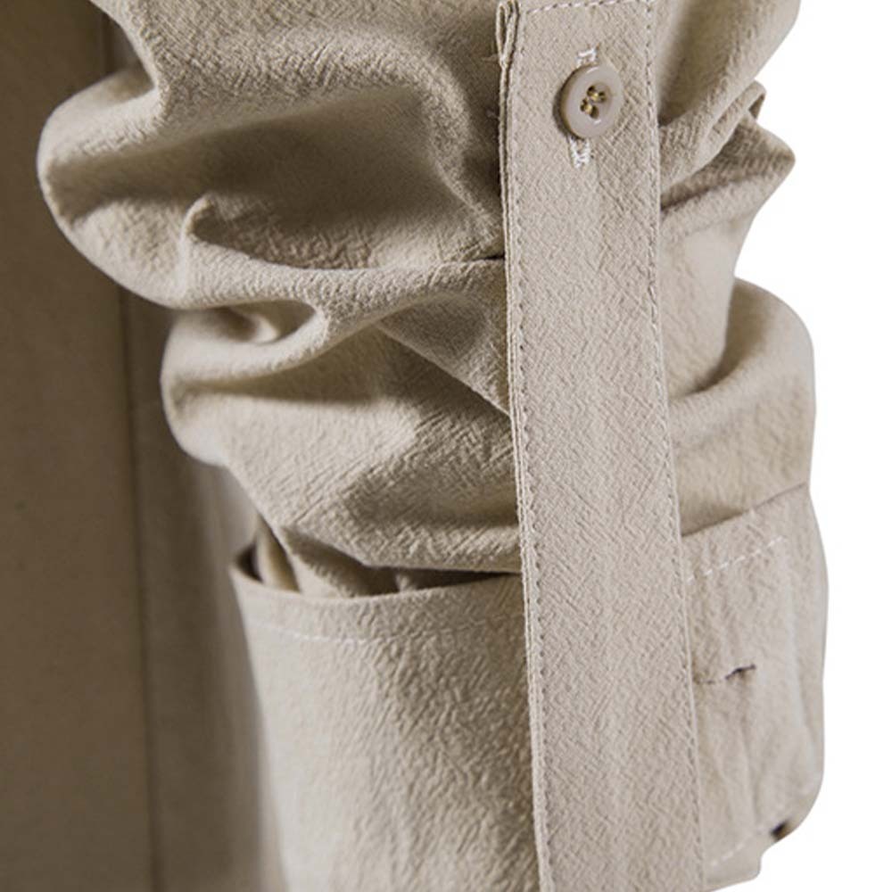 Spring Men's Cotton and Linen Stand Collar Long Sleeve Tie-Up Shirt