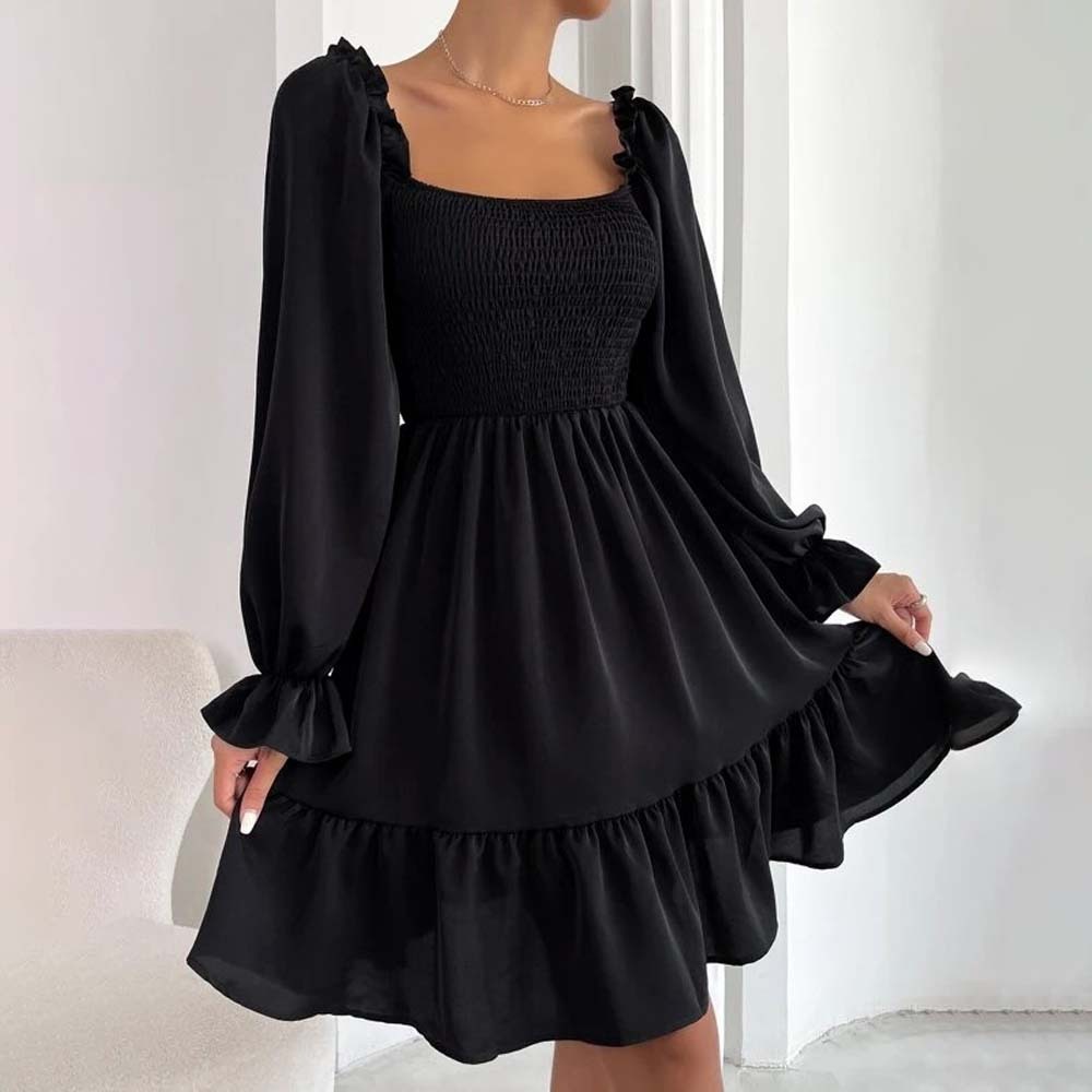 2024 Temperament Square Neck Pleated Ruffle Dress
